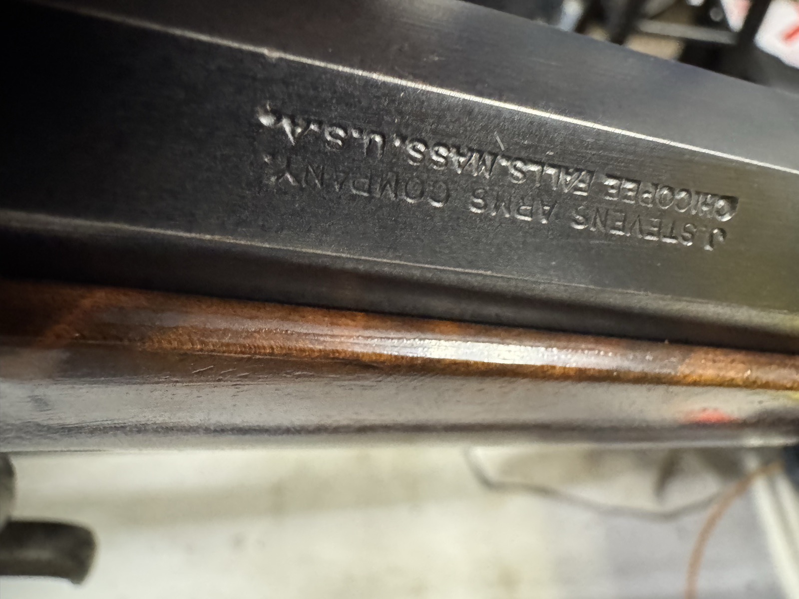Barrel stamp reading J. Stevens Arms Company, Chicopee Falls, Mass. U.S.A.