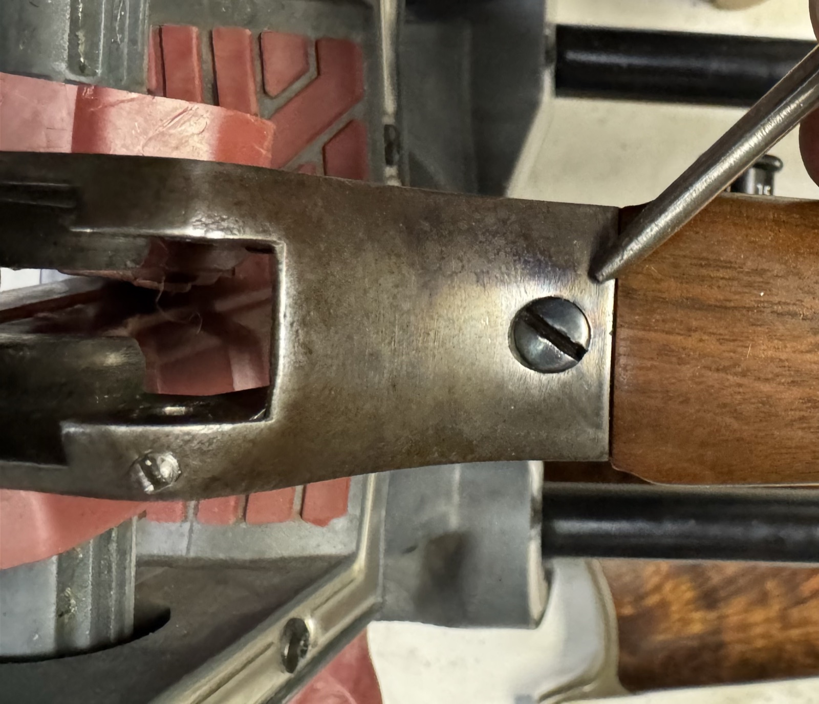 Pointer on the barrel lock screw on the underside of the Stevens 44½ receiver